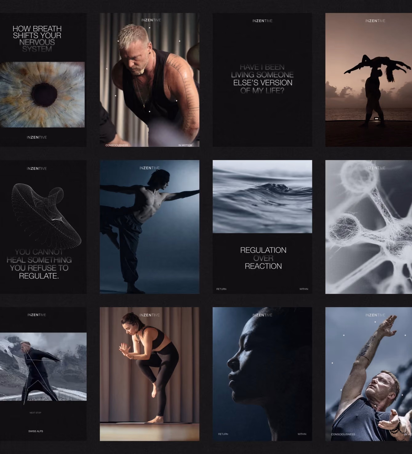 Grid of Inzentive campaign posters featuring movement, nature, and nervous-system themes.