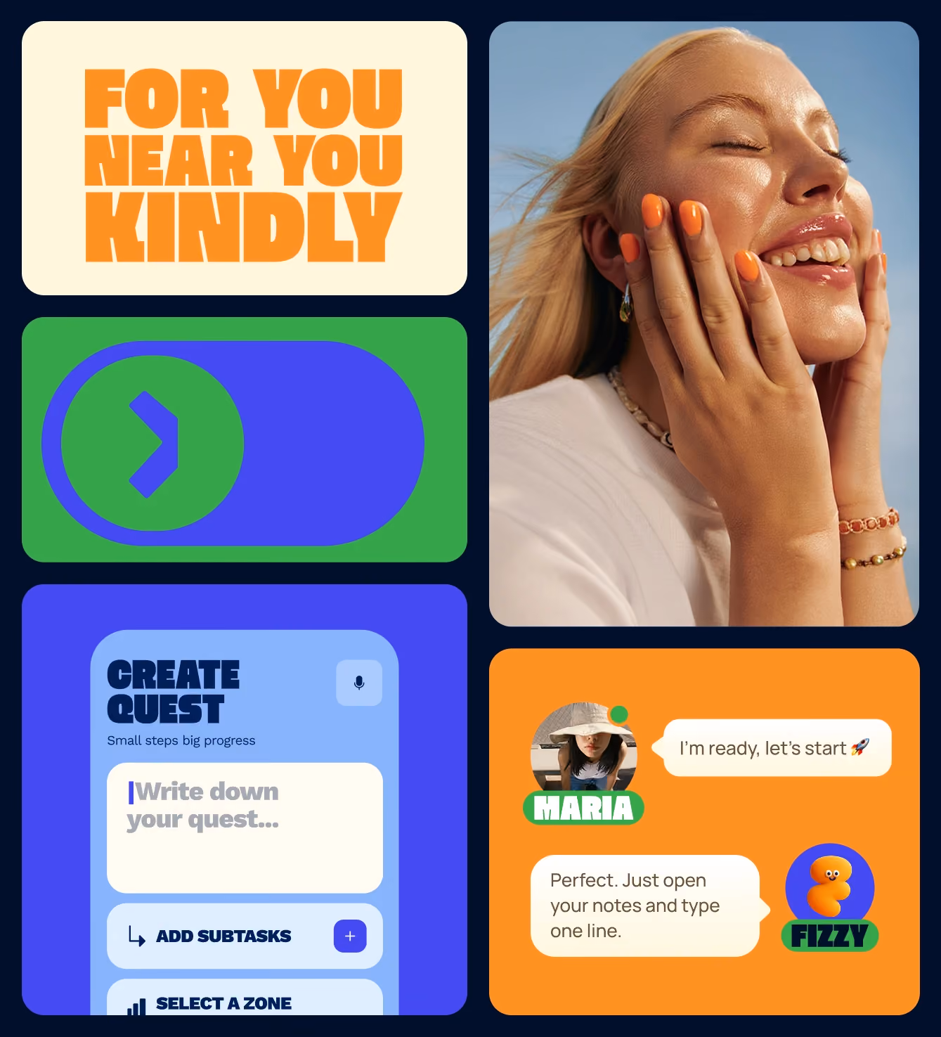 Four-panel grid showing app UI screens, a woman smiling, and a chat conversation with "Fizzy."