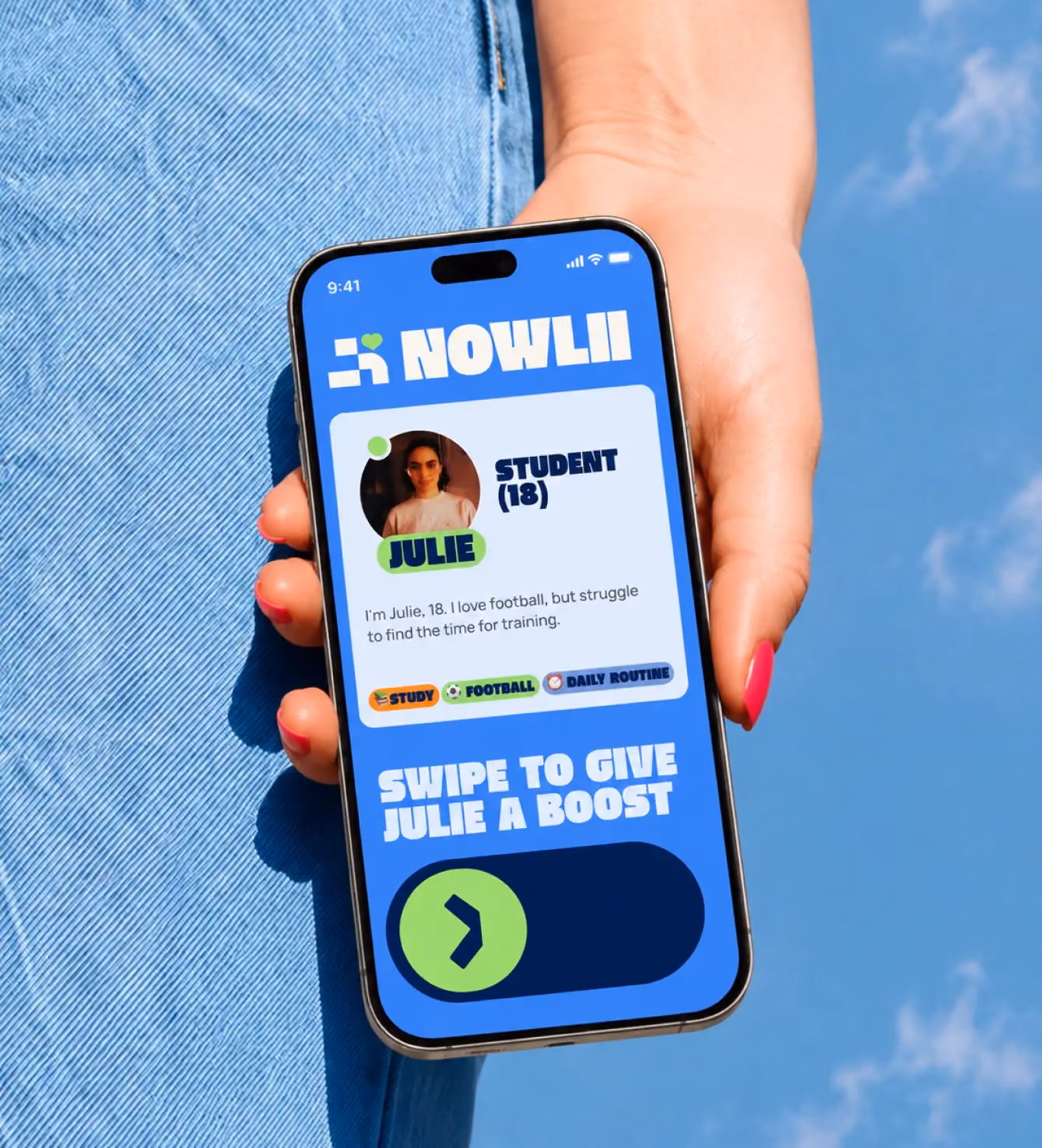 Hand holding a phone displaying the Nowlii app with a student profile card for "Julie."