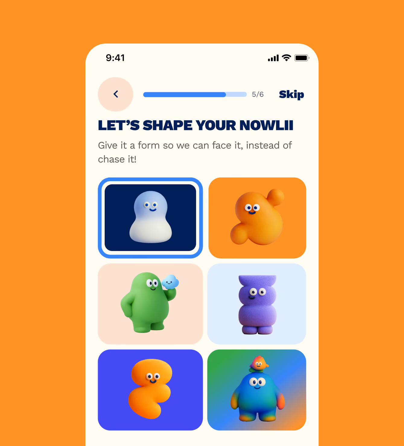 App onboarding screen letting users choose a mascot avatar shape for their "Nowlii."