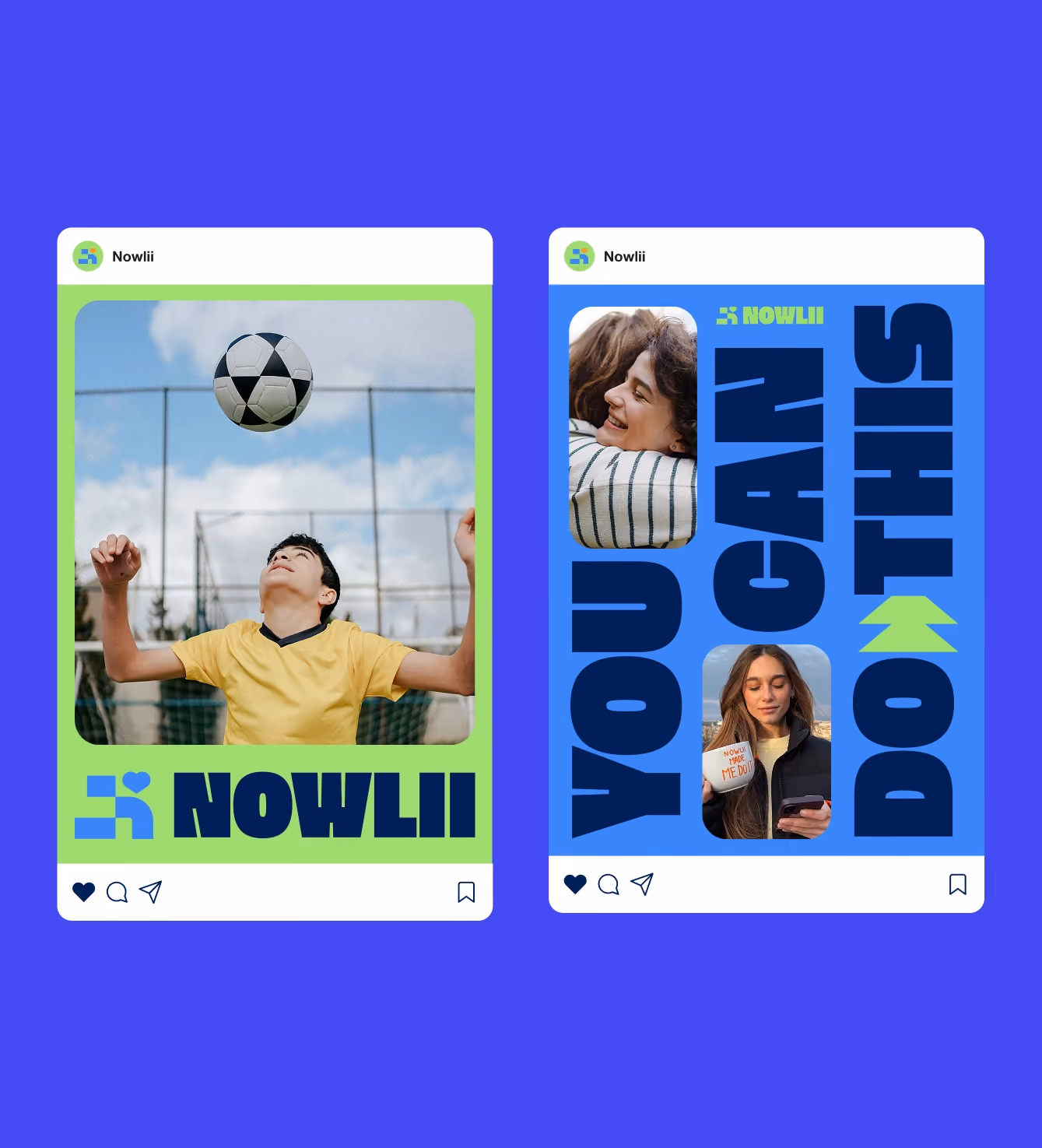 Two Instagram post mockups — a boy playing soccer and a "You Can Do This" motivational collage.