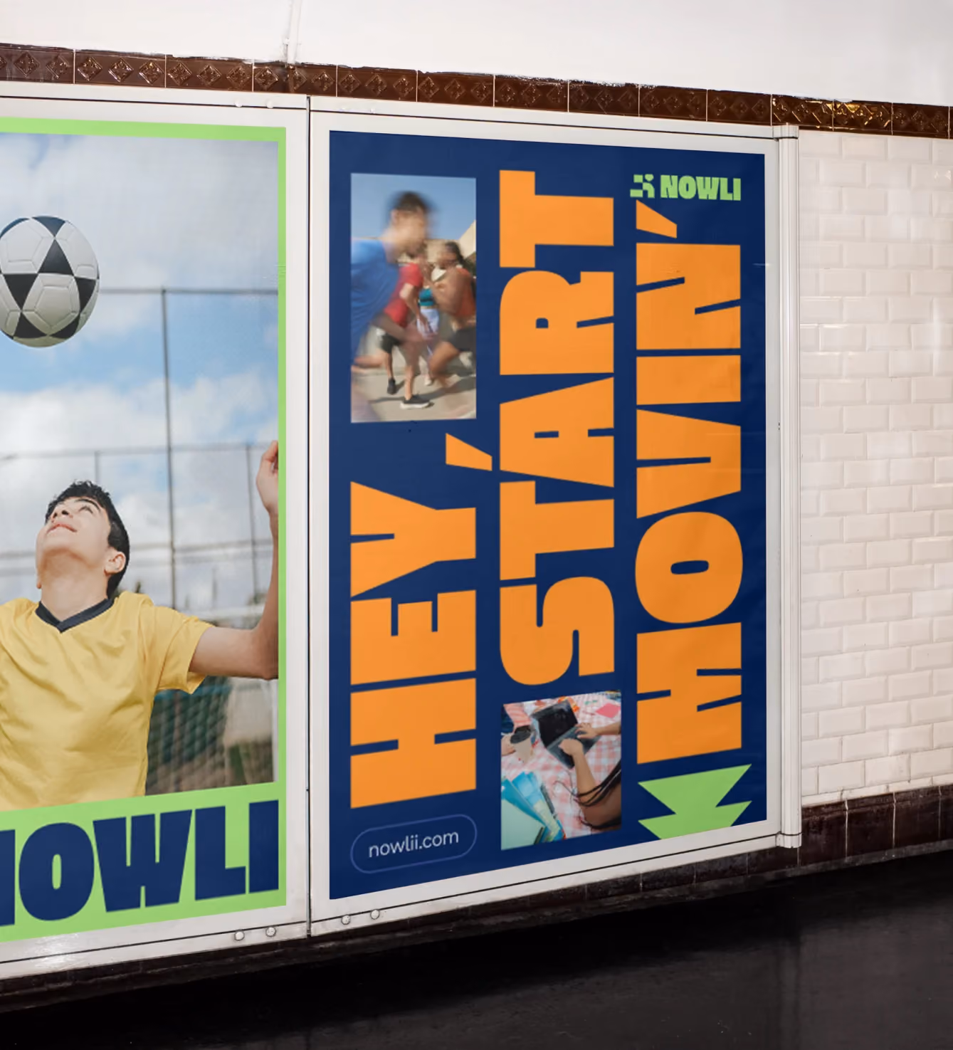 Subway wall ads featuring a soccer player and a "Hey, Start Movin'" campaign poster.