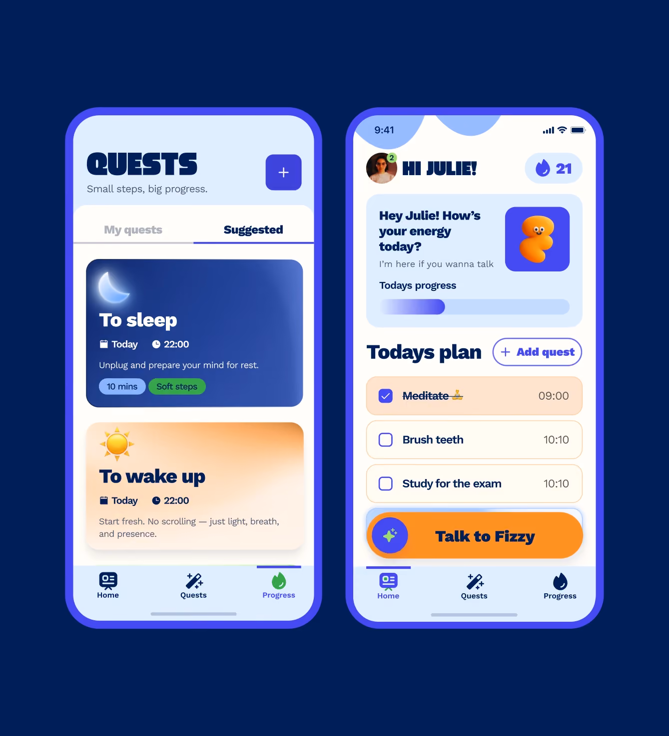 Two phone screens showing the Nowlii app's Quests list and daily plan with mascot "Fizzy."