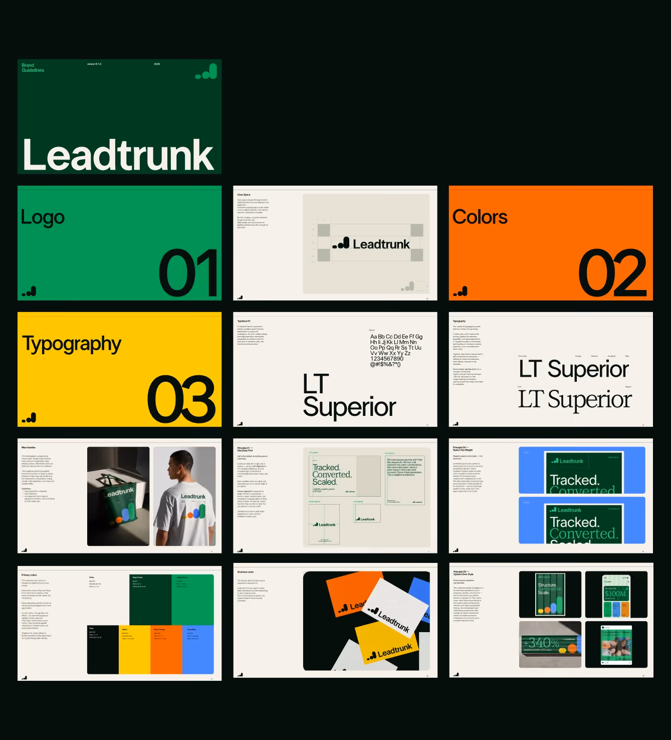 Full brand guidelines overview with logo, color, and typography sections.