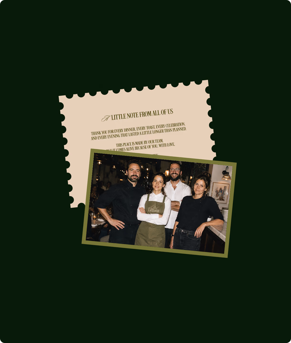 Thank-you card with photo of the Pod Lozom team.