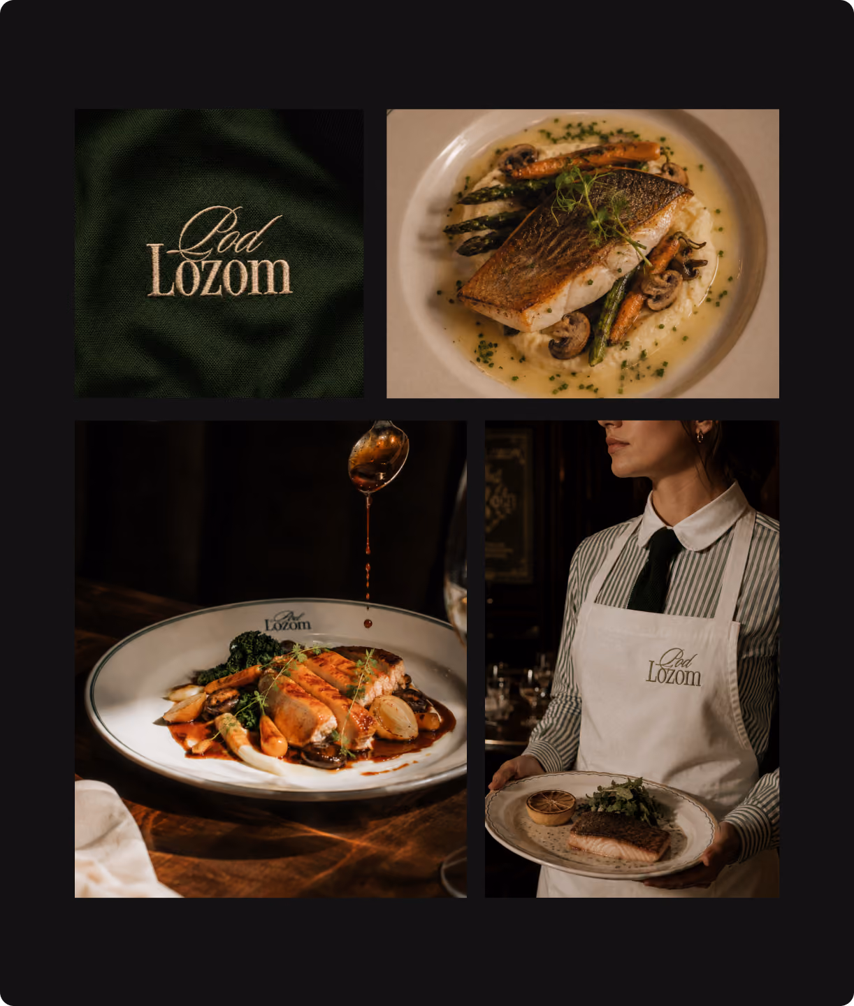 Collage of Pod Lozom dishes, logo embroidery, and a server holding a plate.