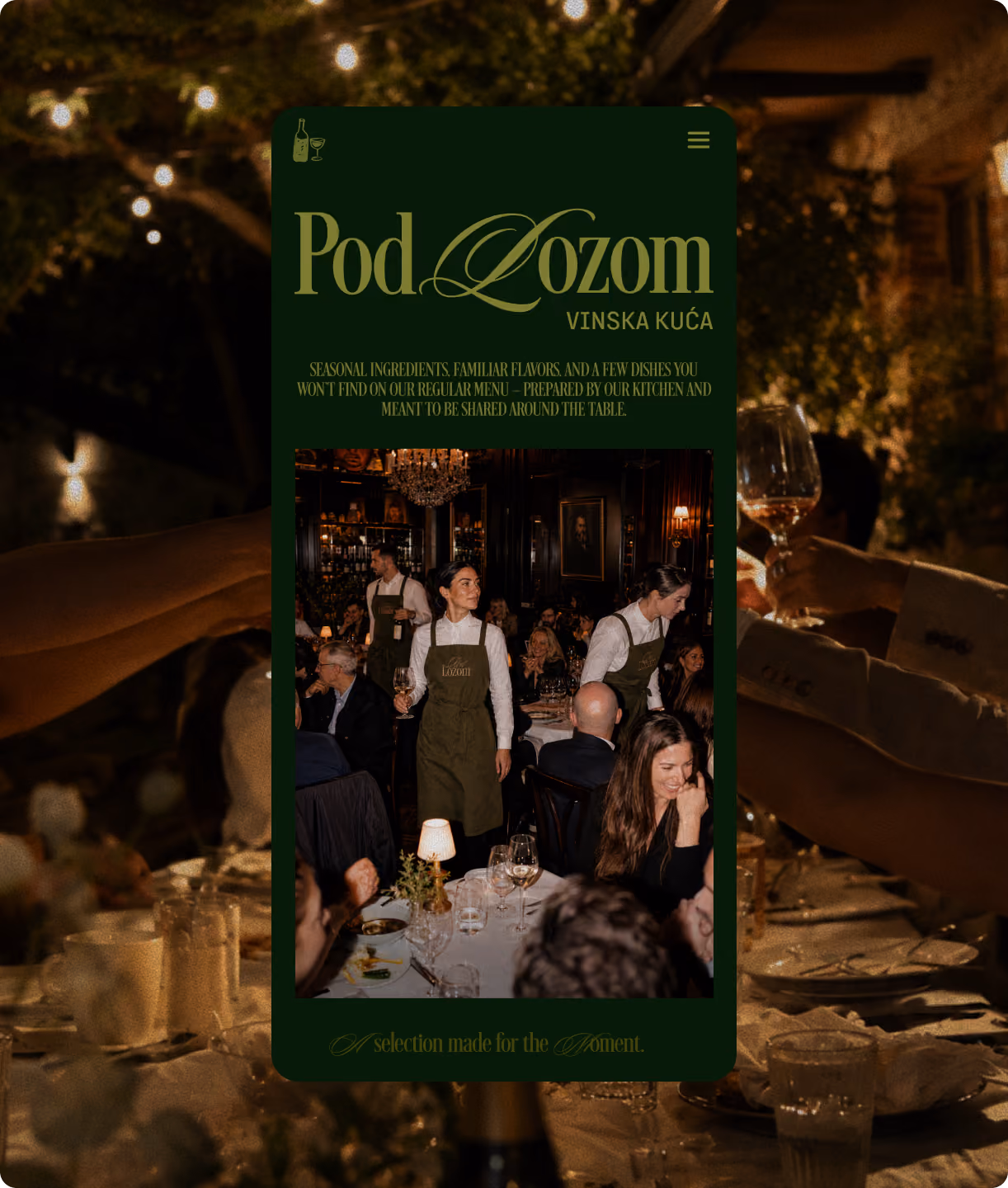 Mobile mockup of the Pod Lozom wine menu page.