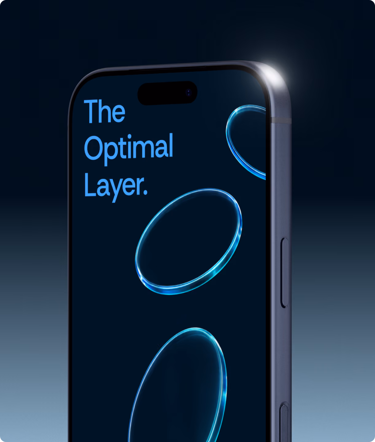 Smartphone displaying "The Optimal Layer" text with glowing blue ring graphics on screen.