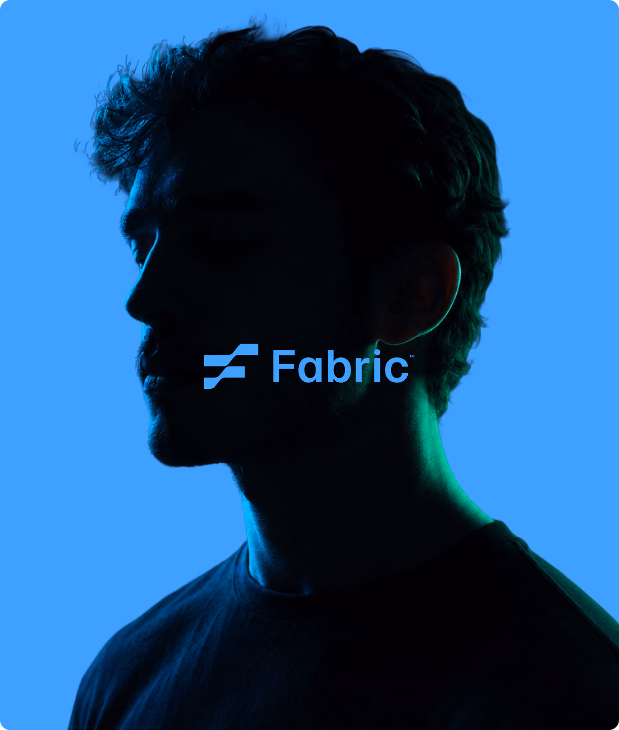 Backlit profile silhouette of a man with the Fabric logo overlaid on a blue background.