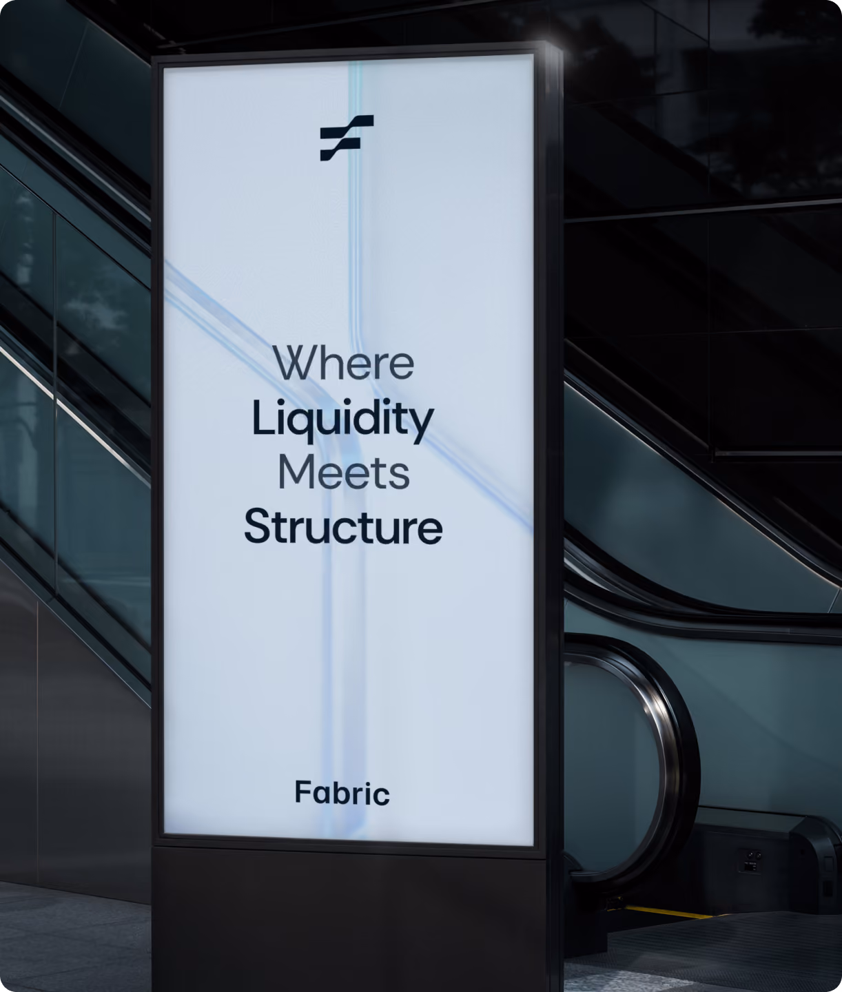 Illuminated street kiosk ad reading "Where Liquidity Meets Structure" near an escalator.