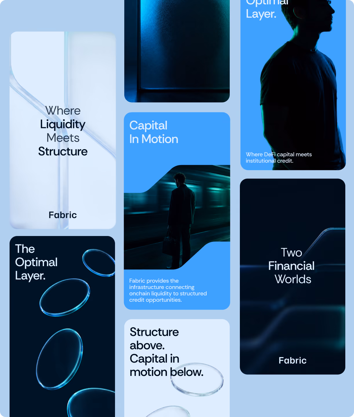 Grid of Fabric campaign taglines and visuals, including "The Optimal Layer," "Capital In Motion," and "Two Financial Worlds."