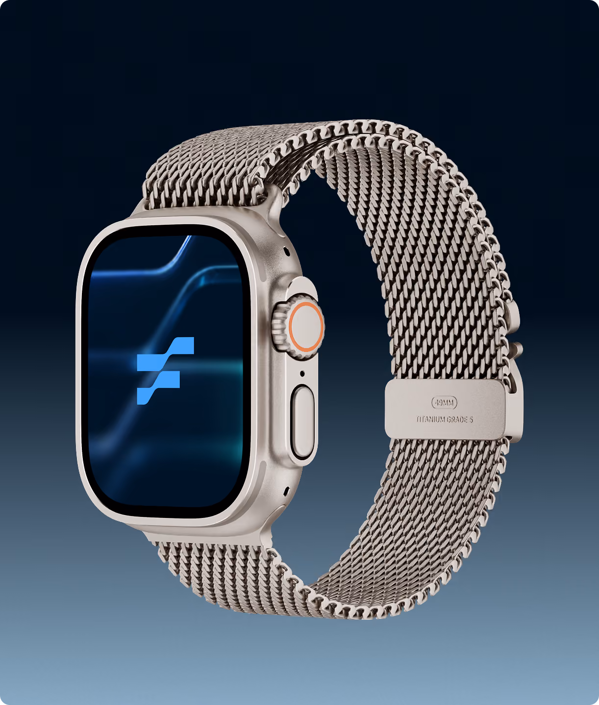 Titanium Apple Watch Ultra displaying the Fabric logo on its screen with a mesh band.