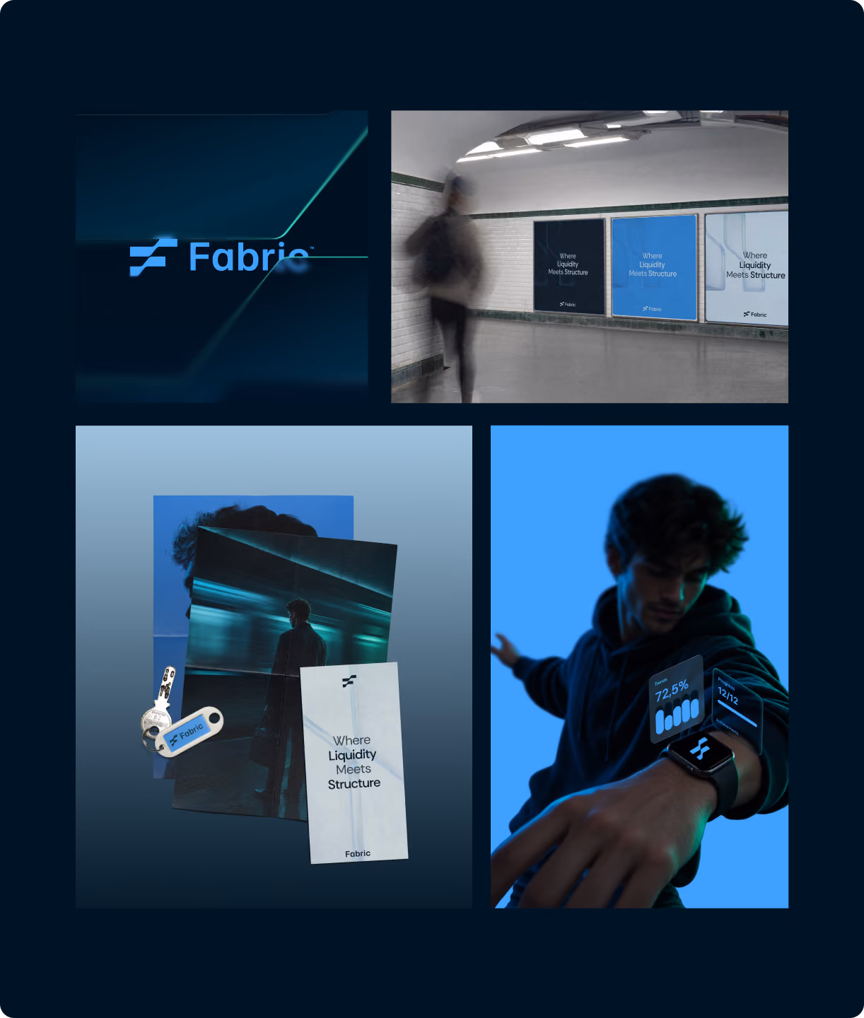 Four-panel collage showing the Fabric logo, subway ad posters, branded keychain and cards, and a man checking a smartwatch with data overlays.