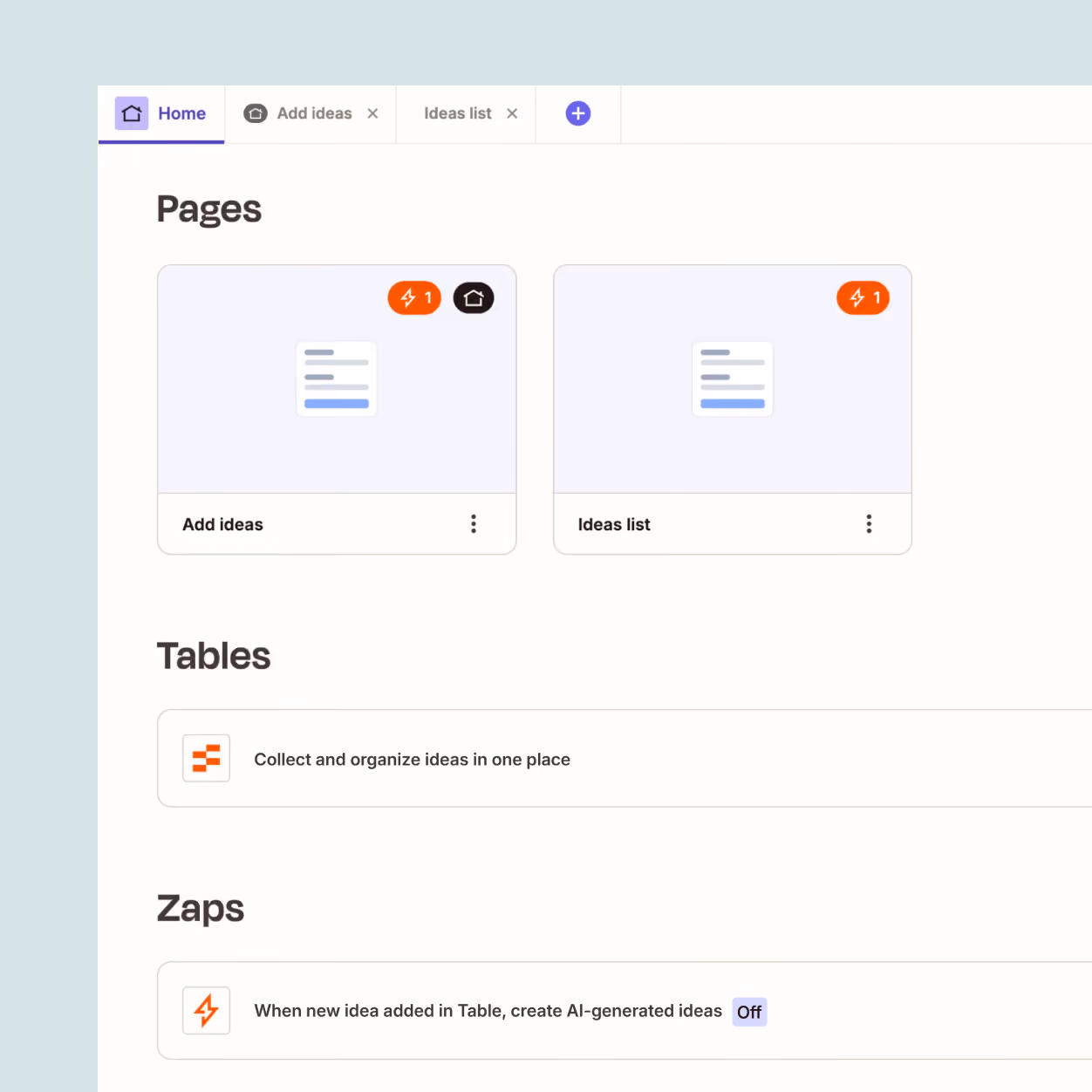 Zapier Pages, Tables and Zaps in one workspace