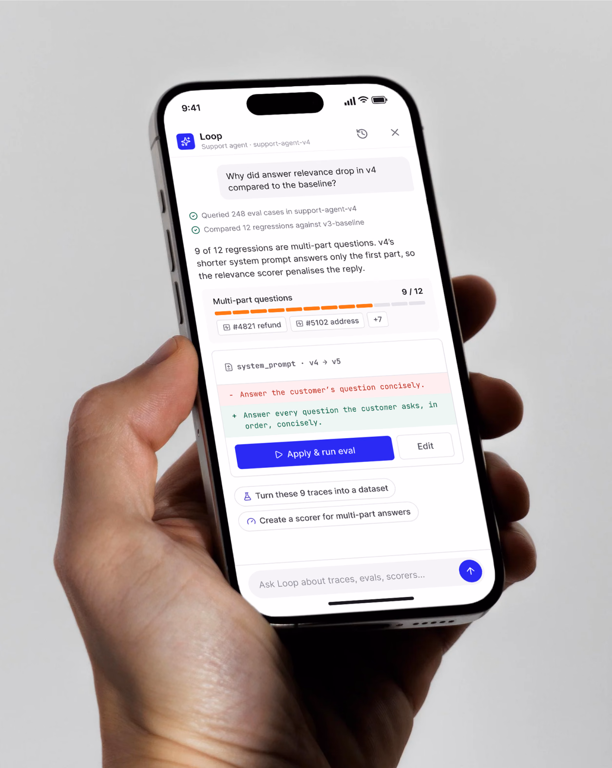 Braintrust evaluation scores on a phone