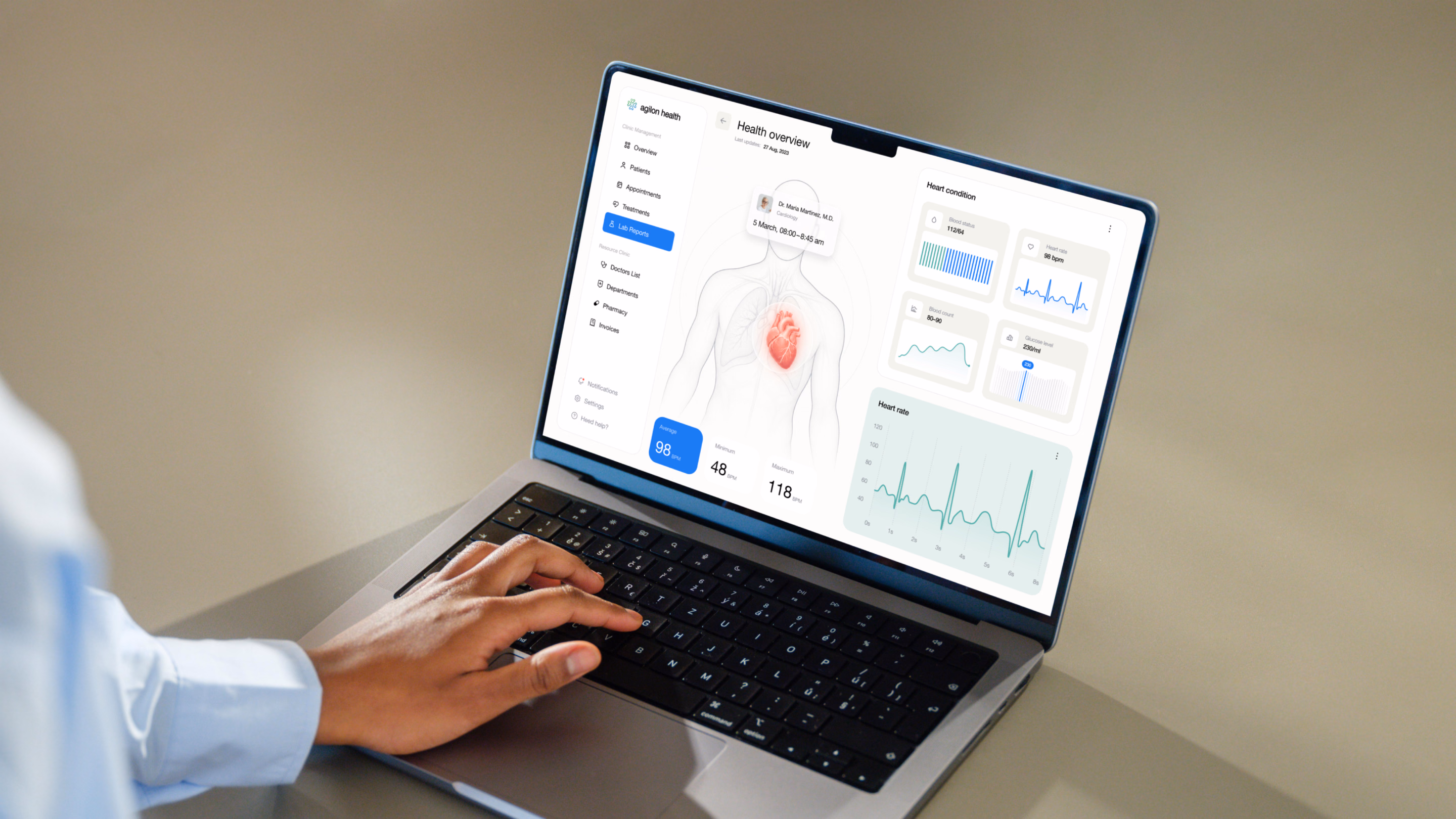 Agilon Health clinical performance dashboard on a laptop