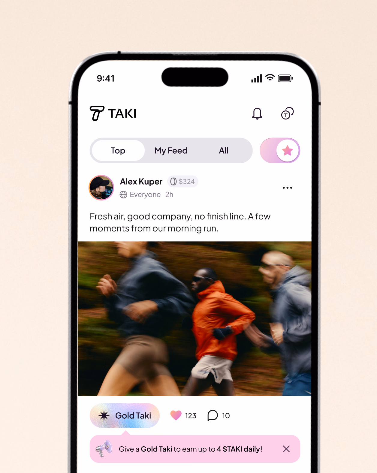 Taki community feed and token rewards on a phone
