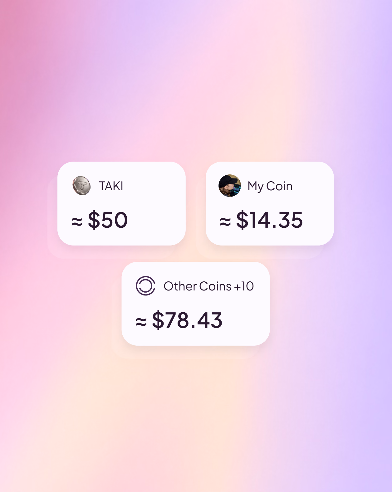 Taki token balances shown on a pink and purple background
