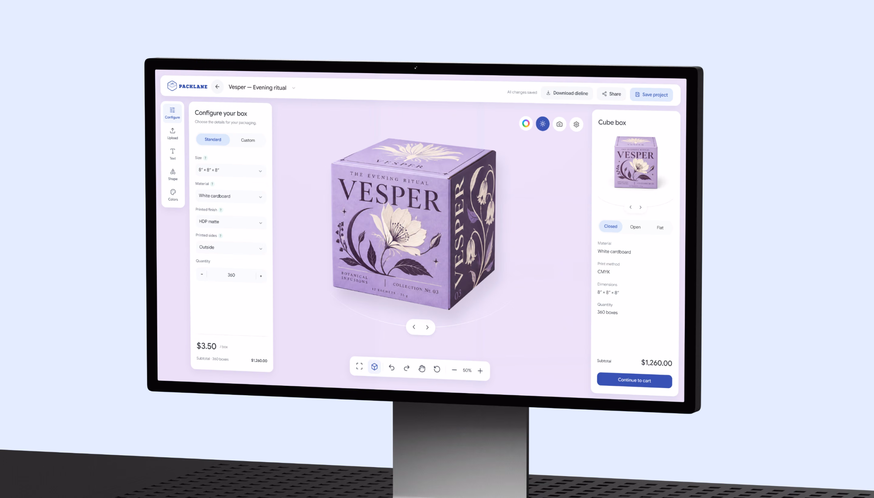 Packlane packaging editor displaying a purple Vesper box on a desktop monitor