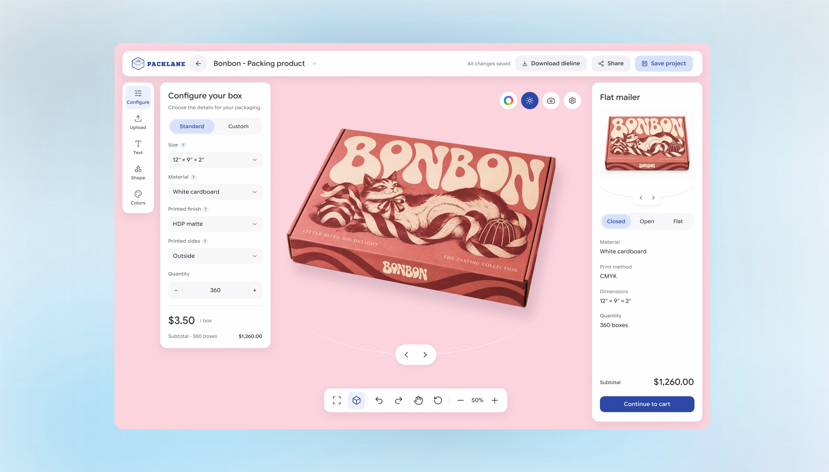 Packlane packaging editor with a pink Bonbon mailer box and configuration controls