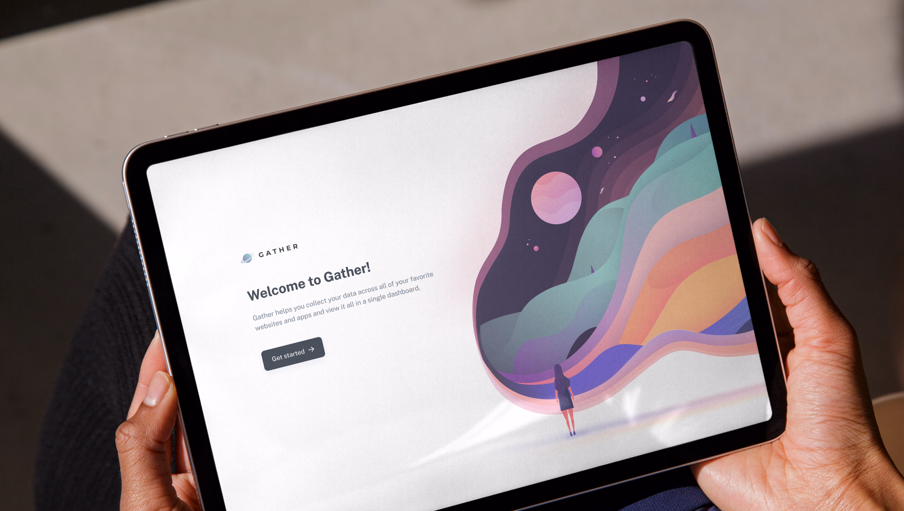 Gather welcome screen displayed on a tablet