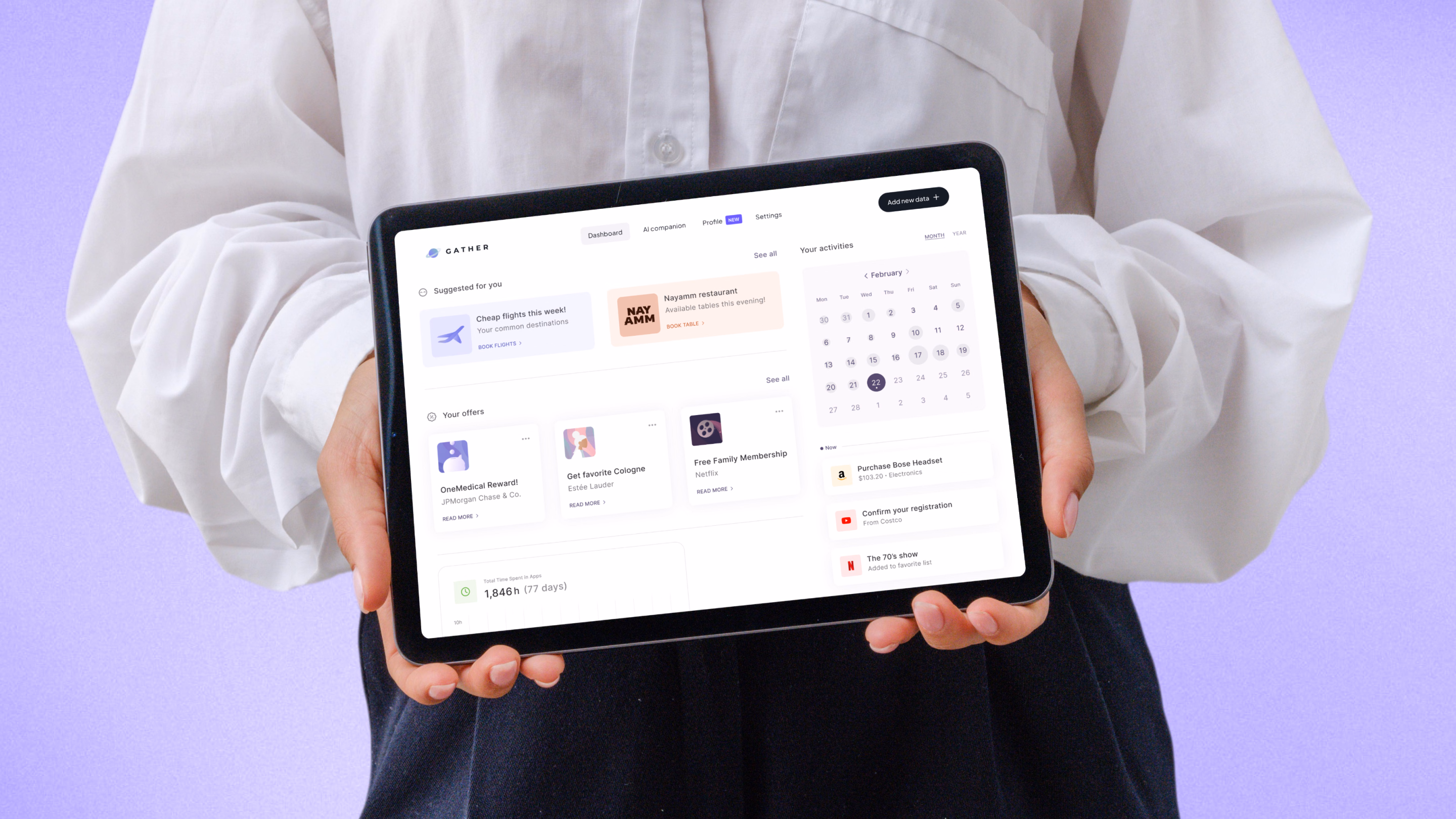 A woman holding a tablet displaying the Gather dashboard