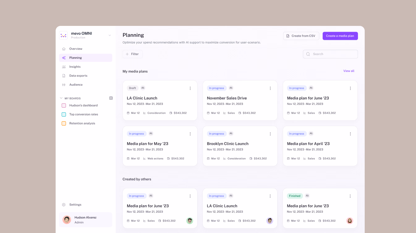 Marketing Evolution media planning dashboard with campaign cards