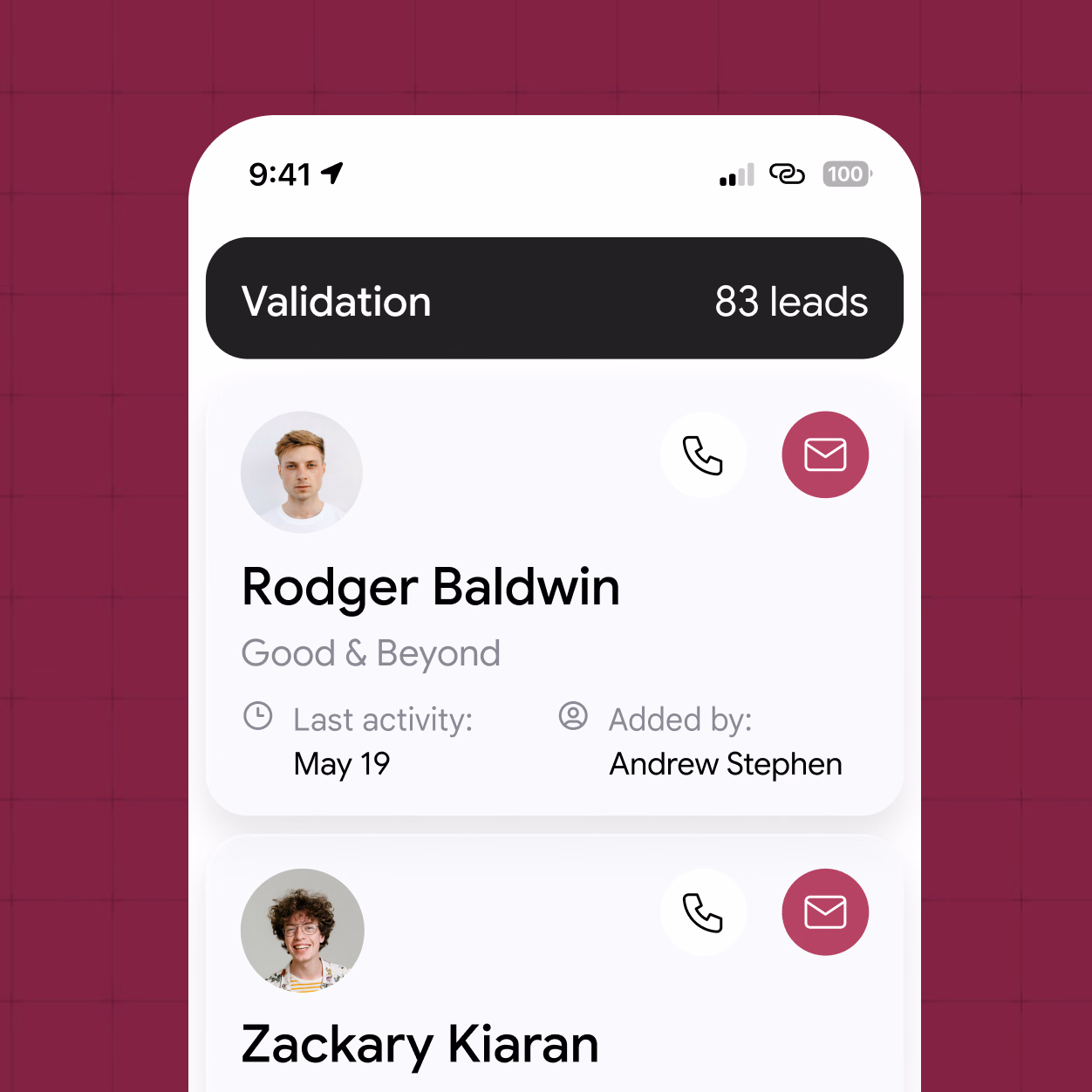 Cliently mobile lead validation interface.