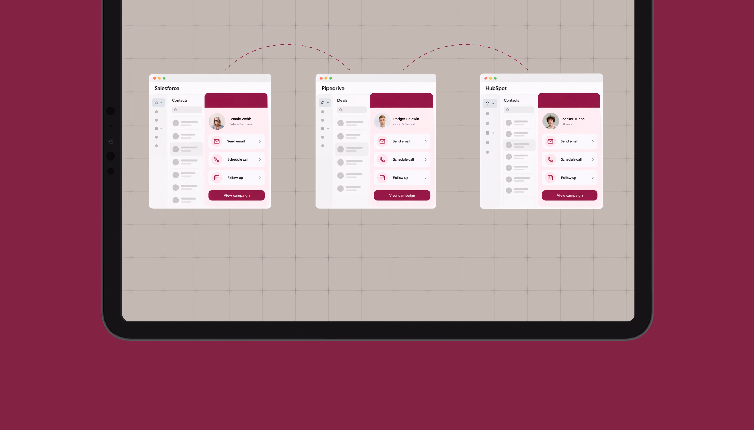 Cliently sales integration panels displayed side by side on a tablet.
