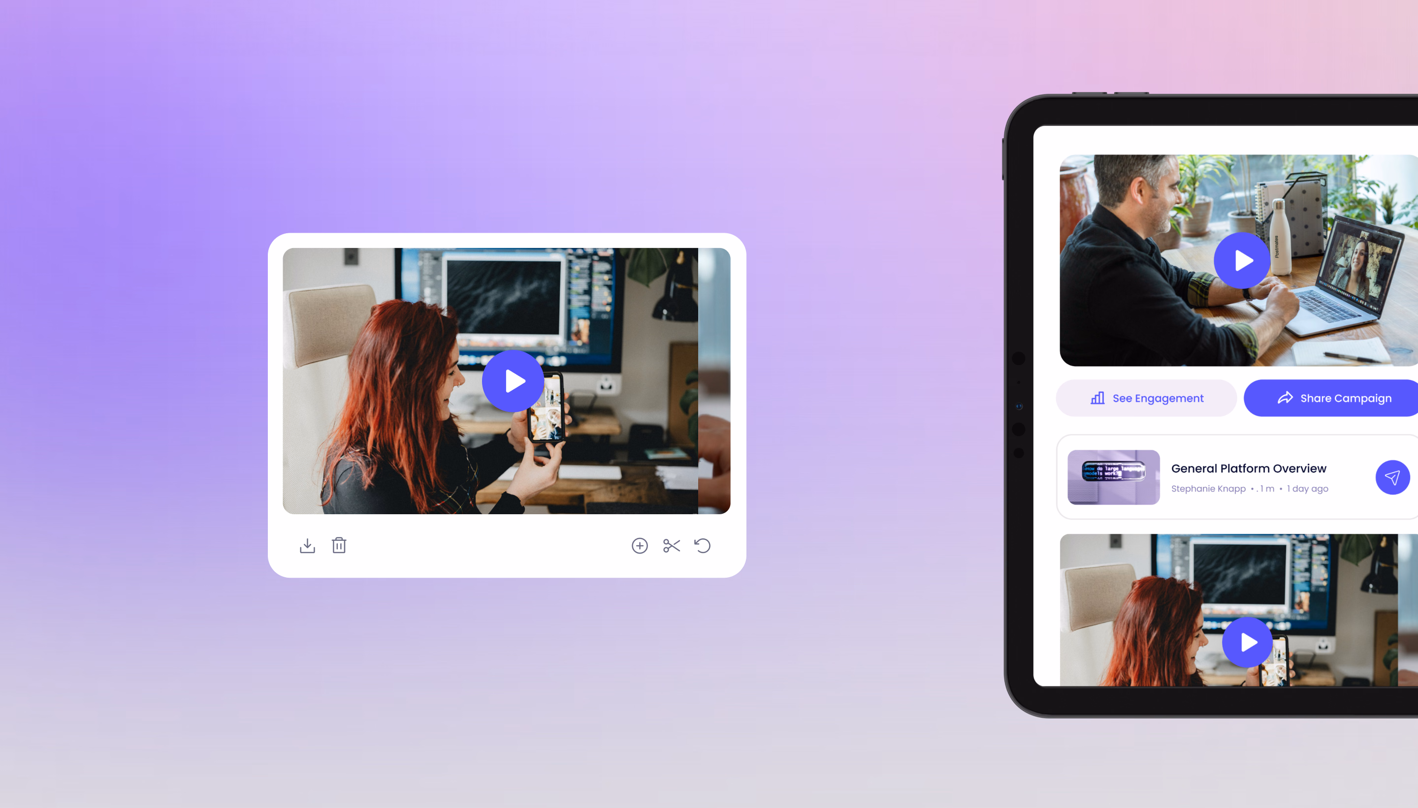 Sendspark video player and editing controls alongside a tablet interface.