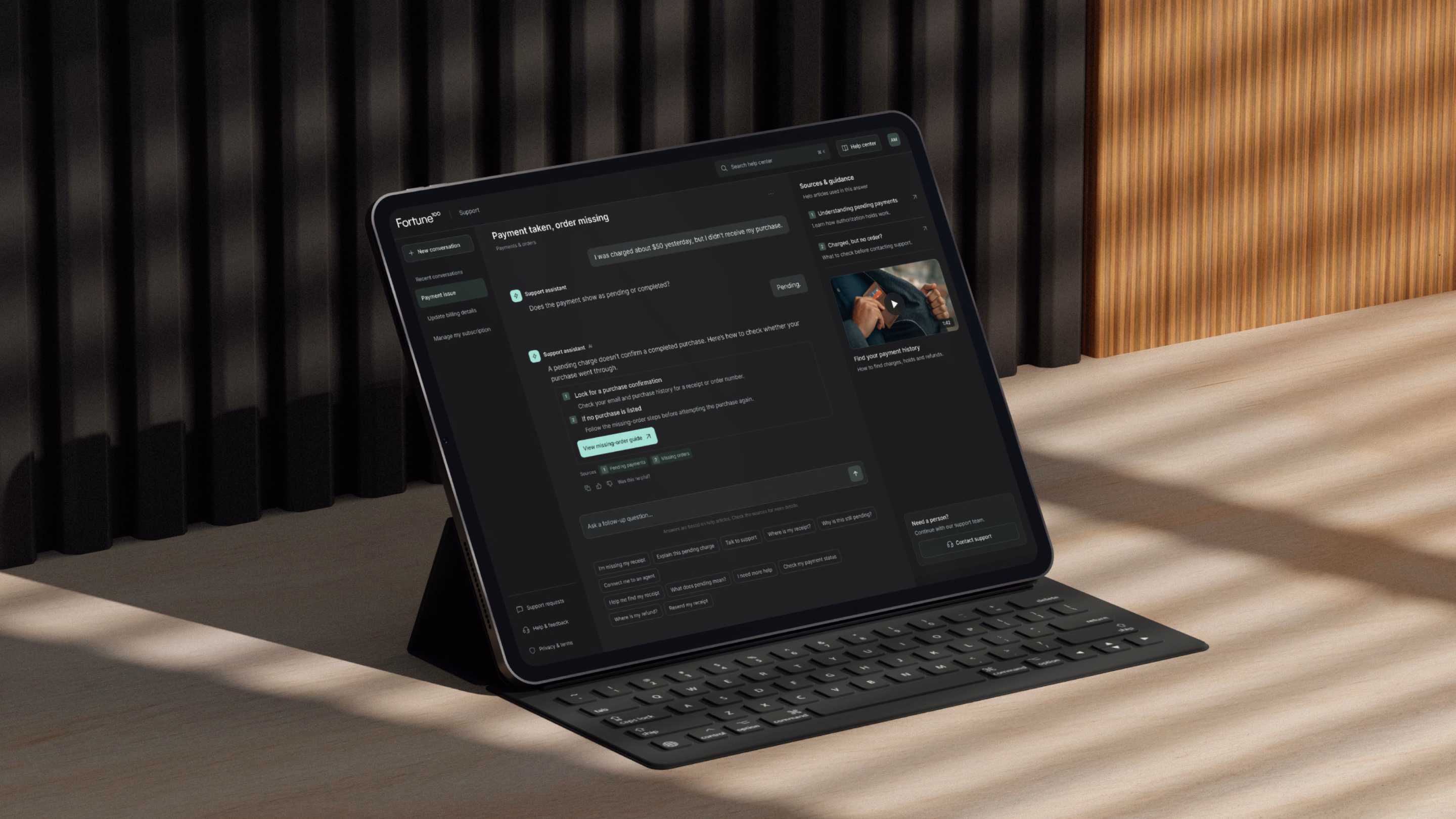 AI support assistant displayed on a tablet with keyboard.