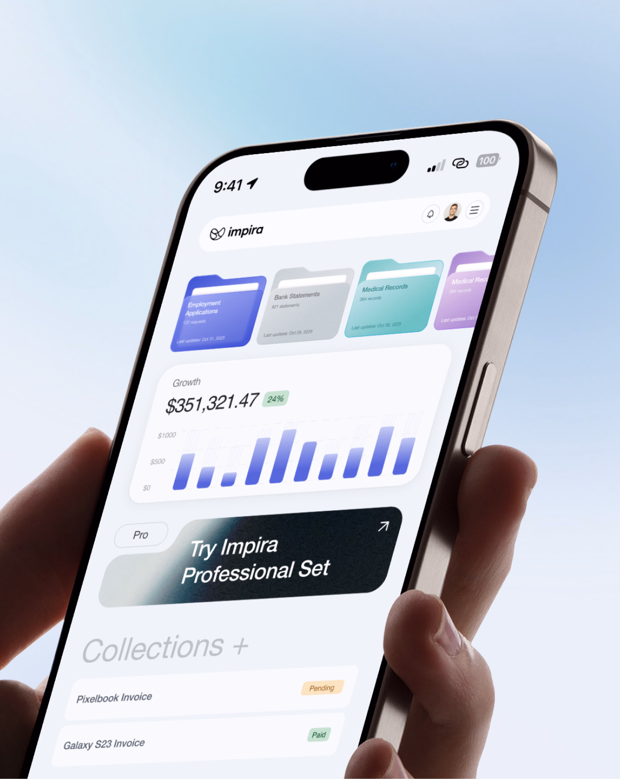 Impira’s document collections and dashboard viewed on a handheld phone.
