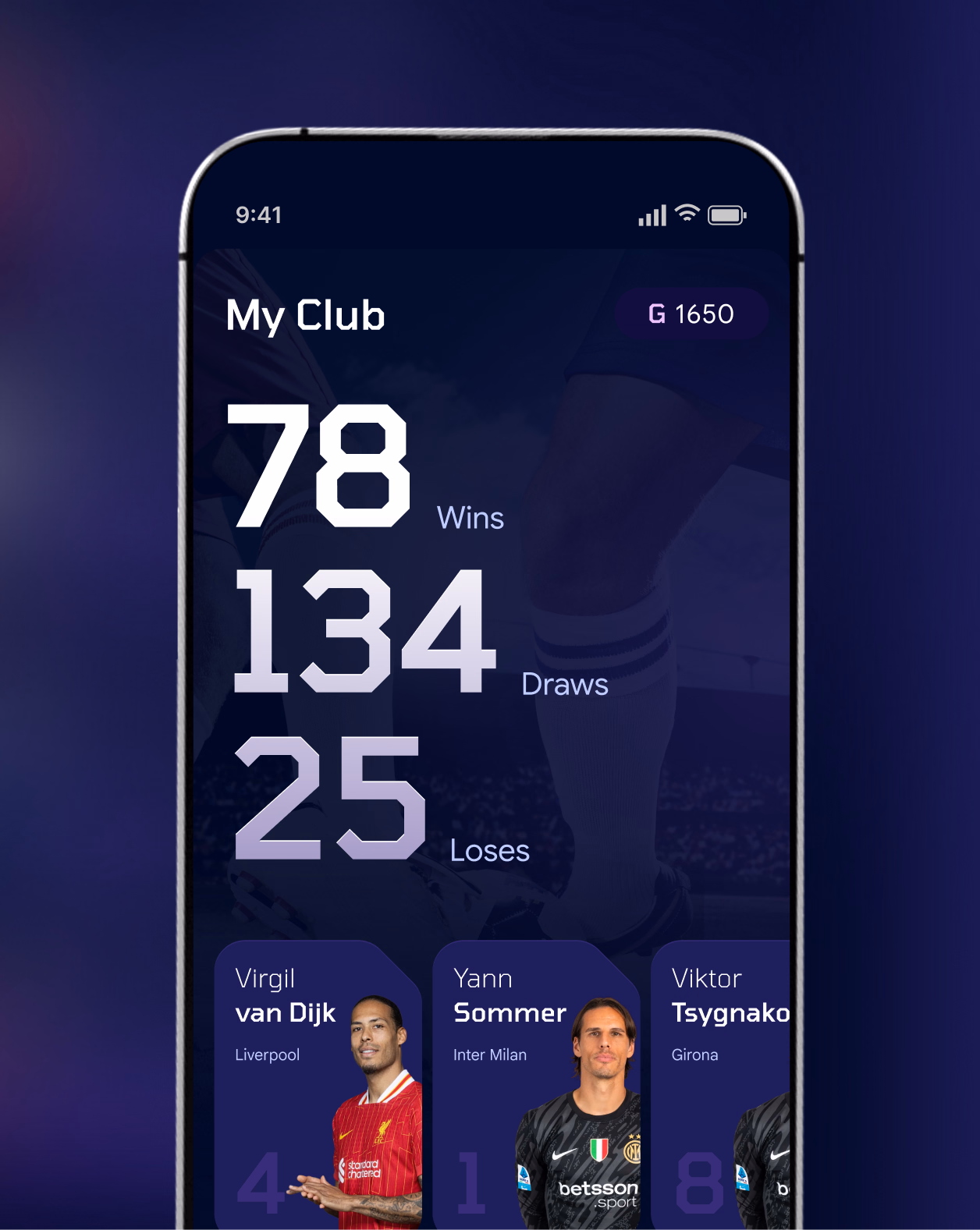 Gambit My Club mobile screen showing wins, draws, losses and a portfolio of players.