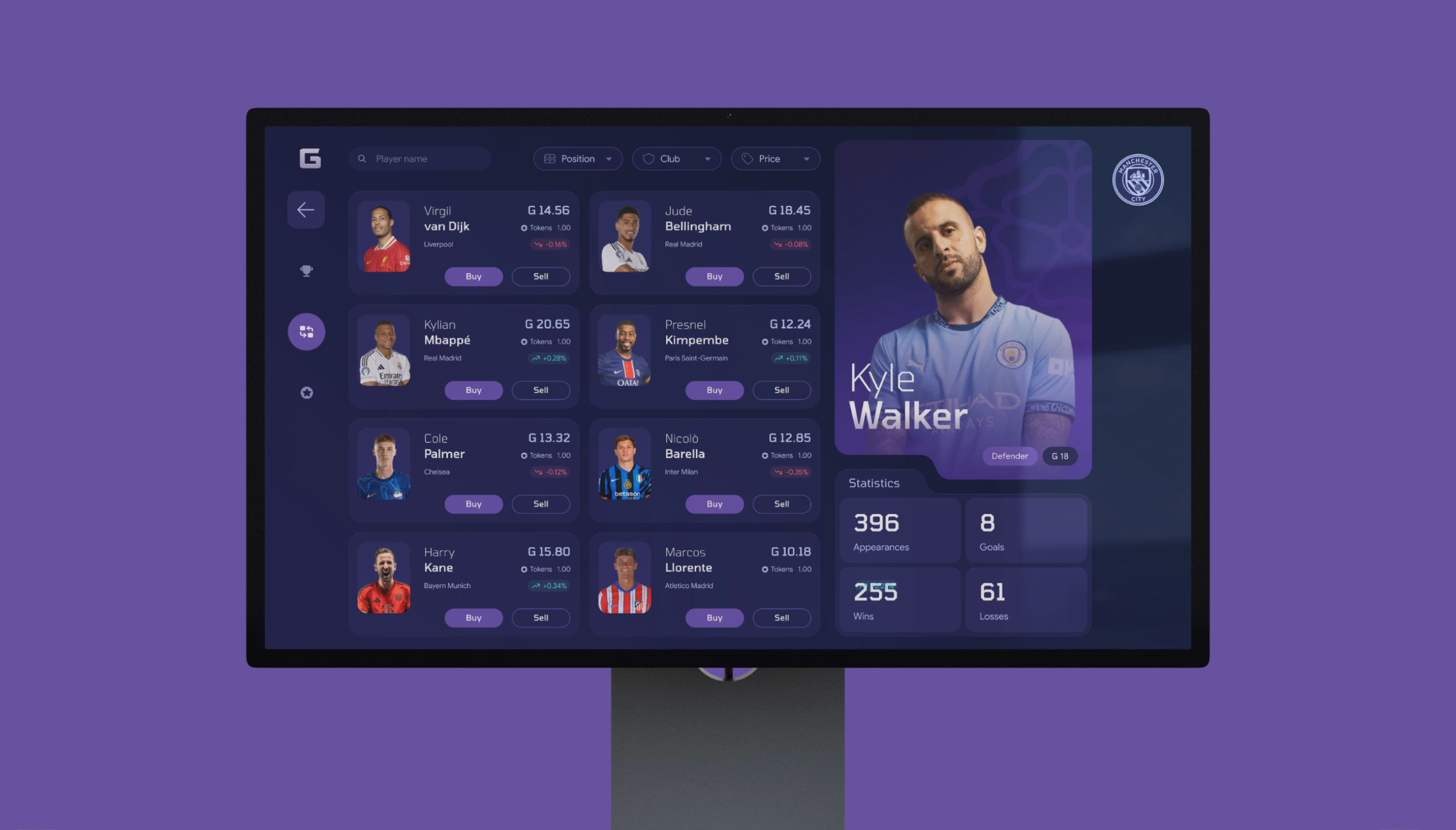 Gambit desktop marketplace with athlete token cards and Kyle Walker’s performance statistics.