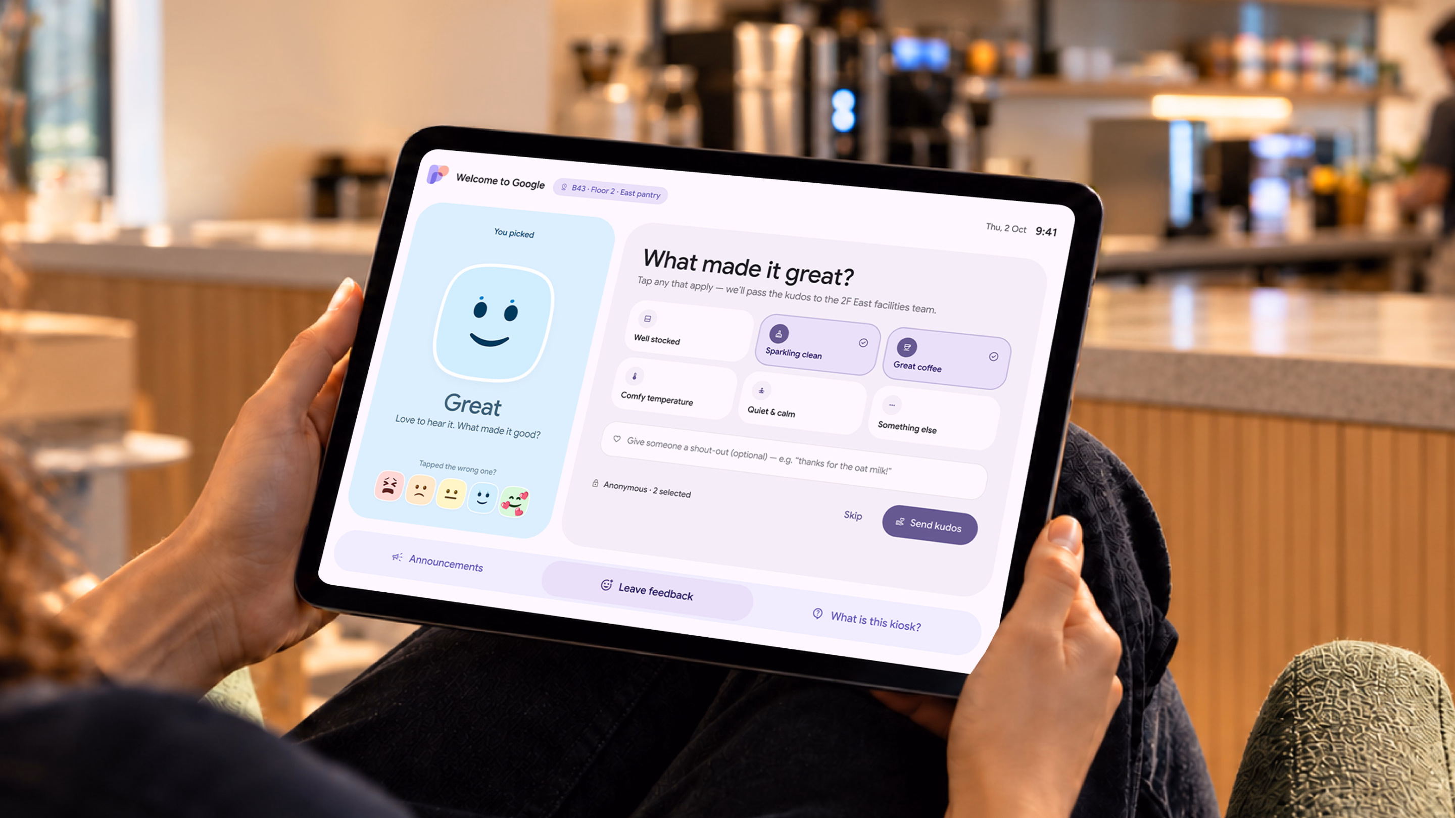 An employee using the Google Food feedback application on a tablet.