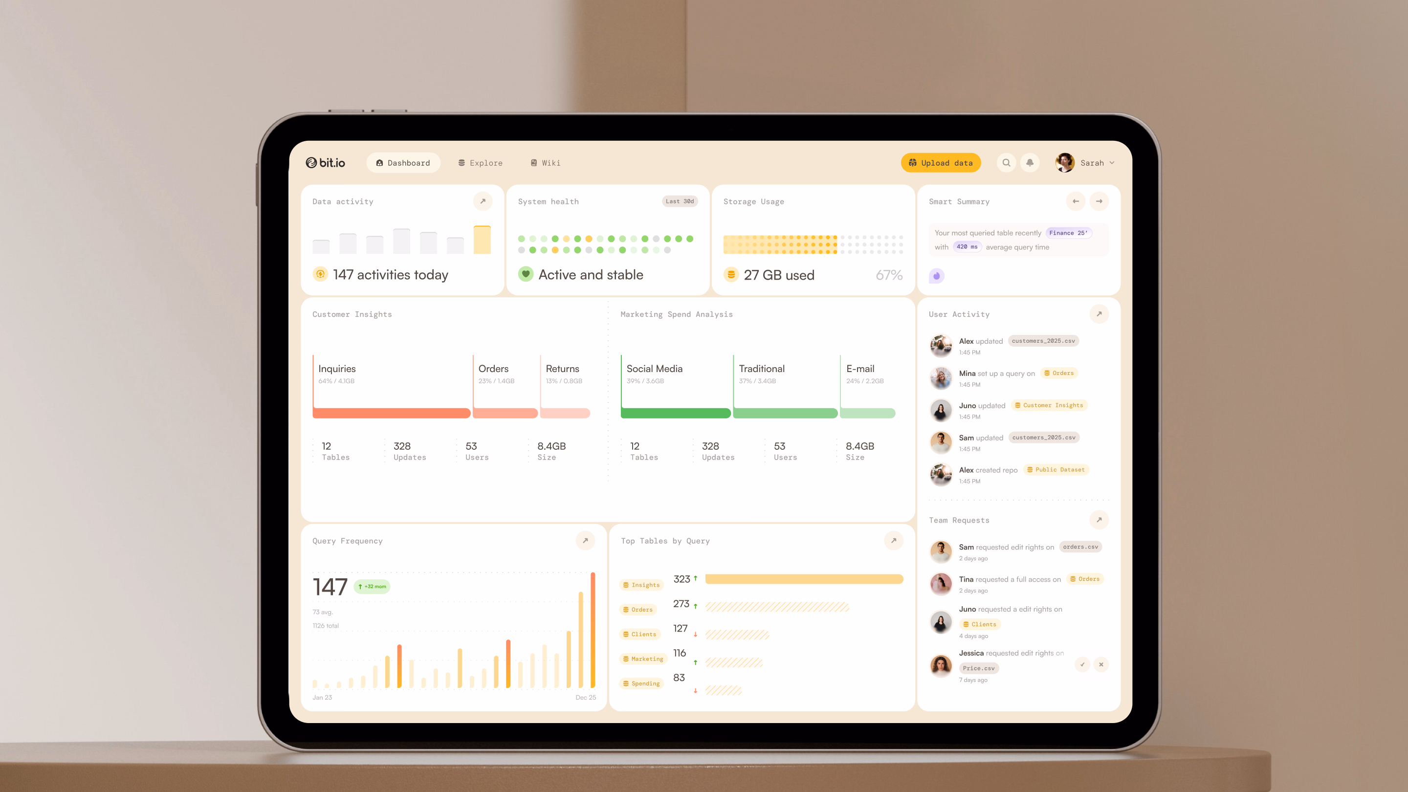 Bit.io database dashboard displayed on a tablet.