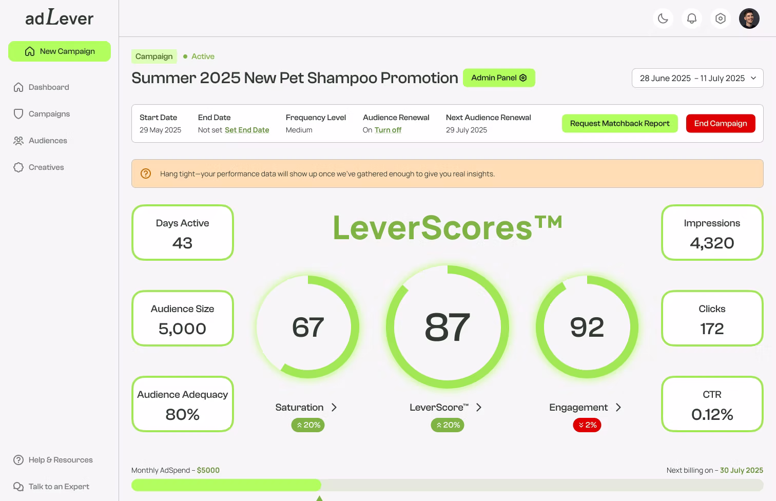 AdLever connected TV advertising dashboard, campaign home view