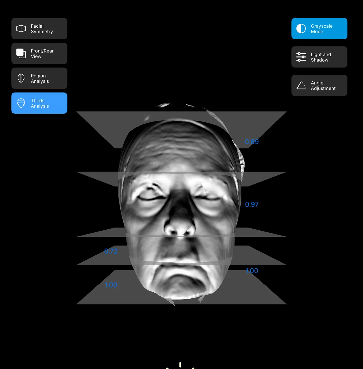 Grayscale facial surface under a lower directional light source