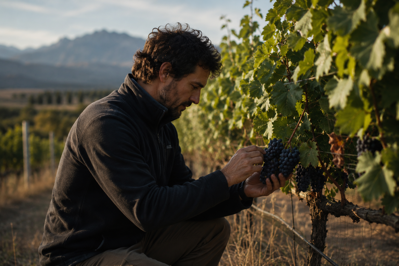 Winegrower inspecting grapes in a vineyard in Argentina