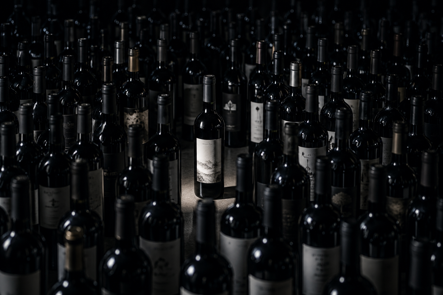 A single illuminated wine bottle stands among rows of dark wine bottles.