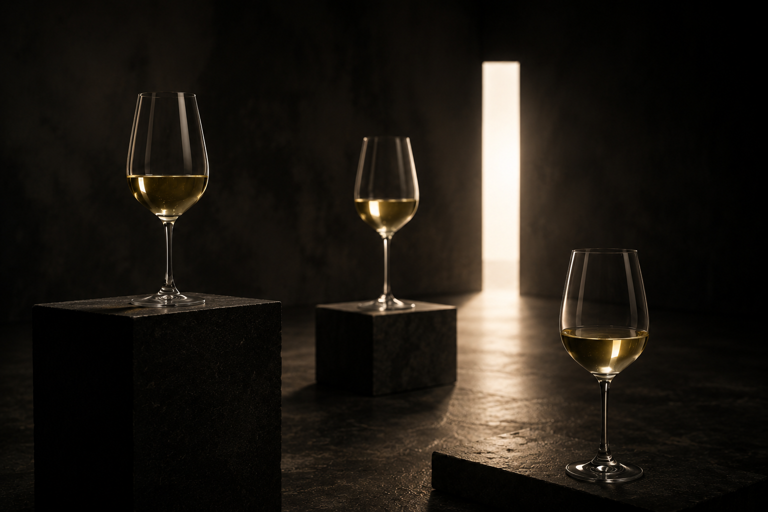 Three glasses of white wine stand on dark stone plinths facing a narrow illuminated opening.