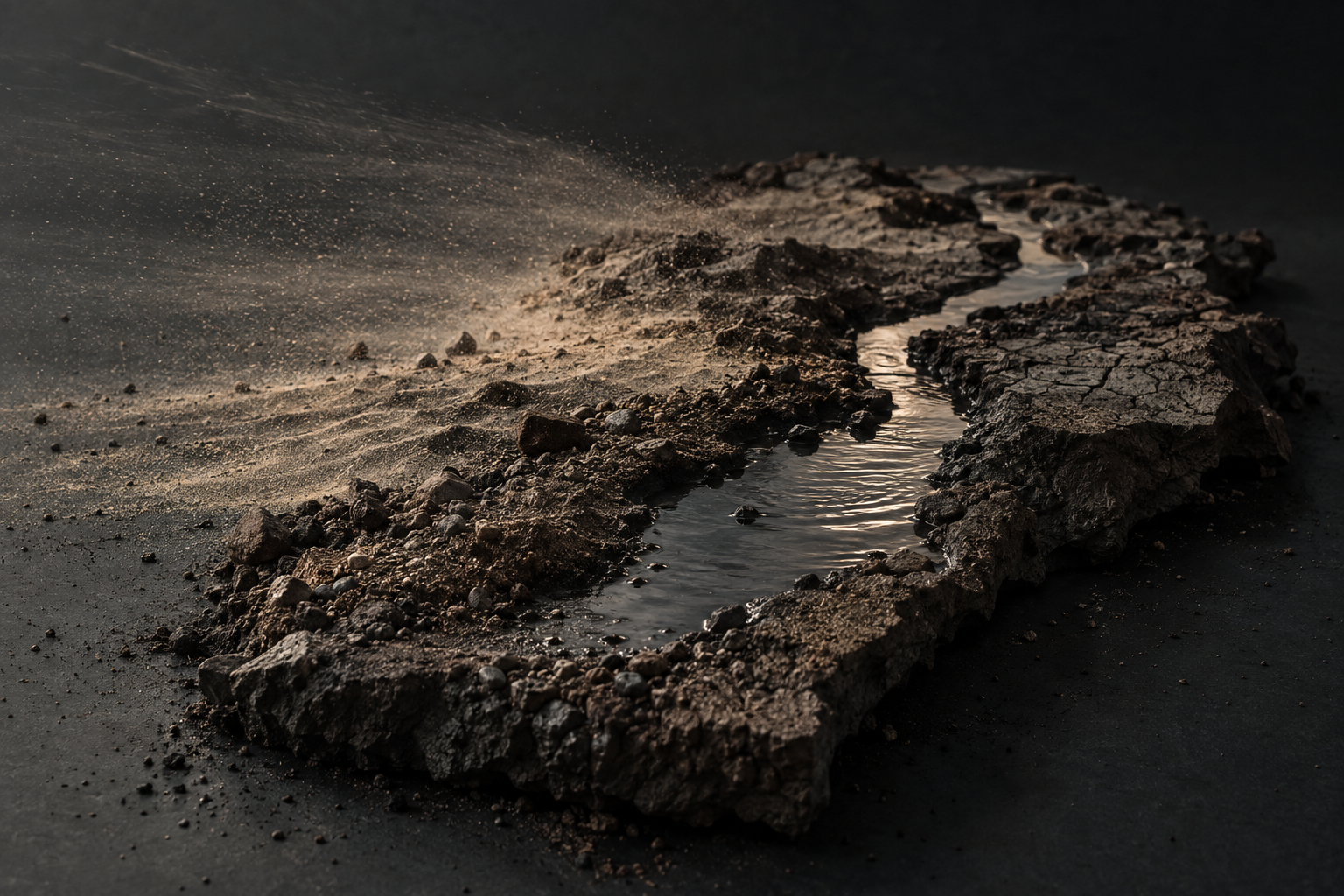 Rocky channel with water running through dry, dark soil.