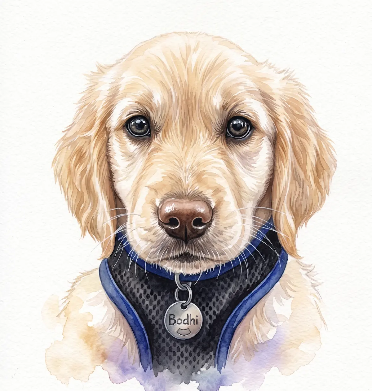 Watercolor pet portrait sample — cottage courtyard