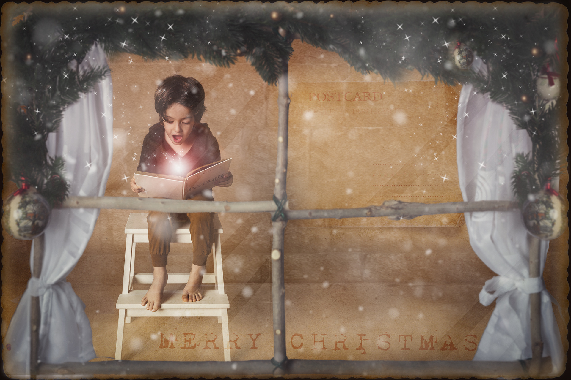 Scena fiabesca con bambino visto attraverso una finestra innevata mentre legge un libro incantato, fotografata a Bologna.