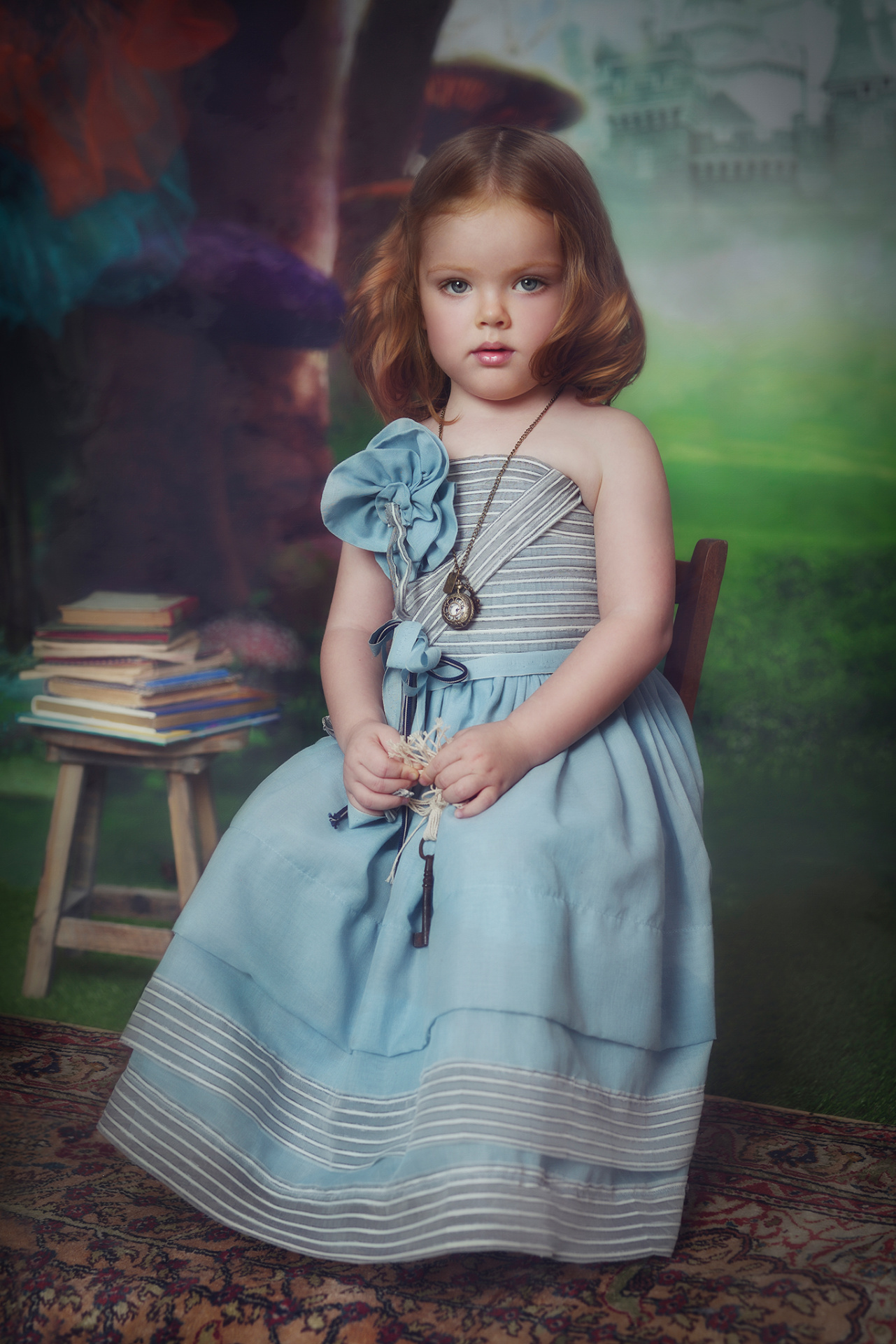 Bambina in abito azzurro con collana vintage e sfondo fiabesco, fotografata da Claudia Spaziani a Bologna.