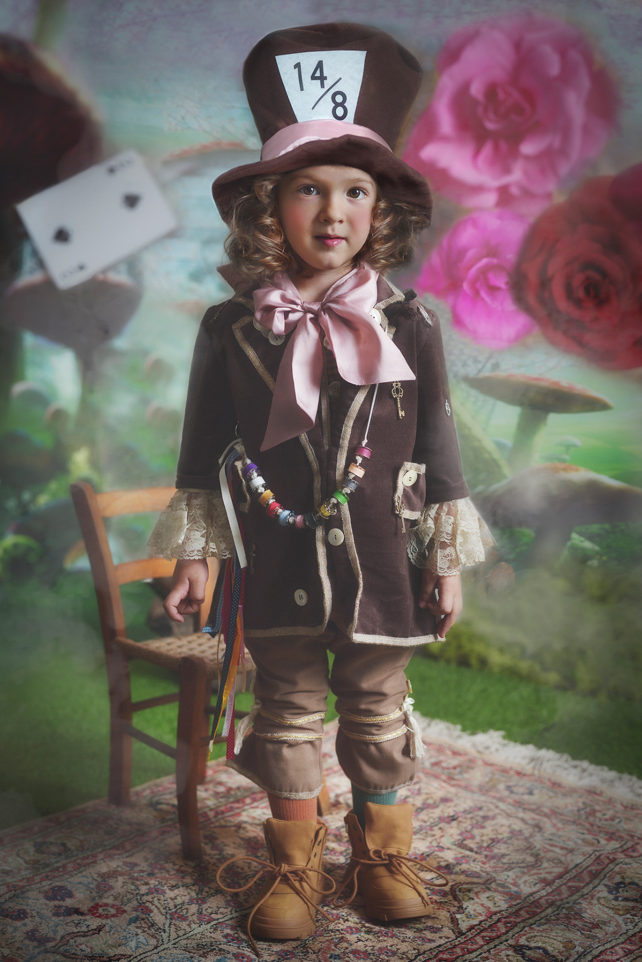 Ritratto teatrale di bambino vestito da Cappellaio Matto con cappello 14/8, ambientato in un set ispirato a Alice in Wonderland.