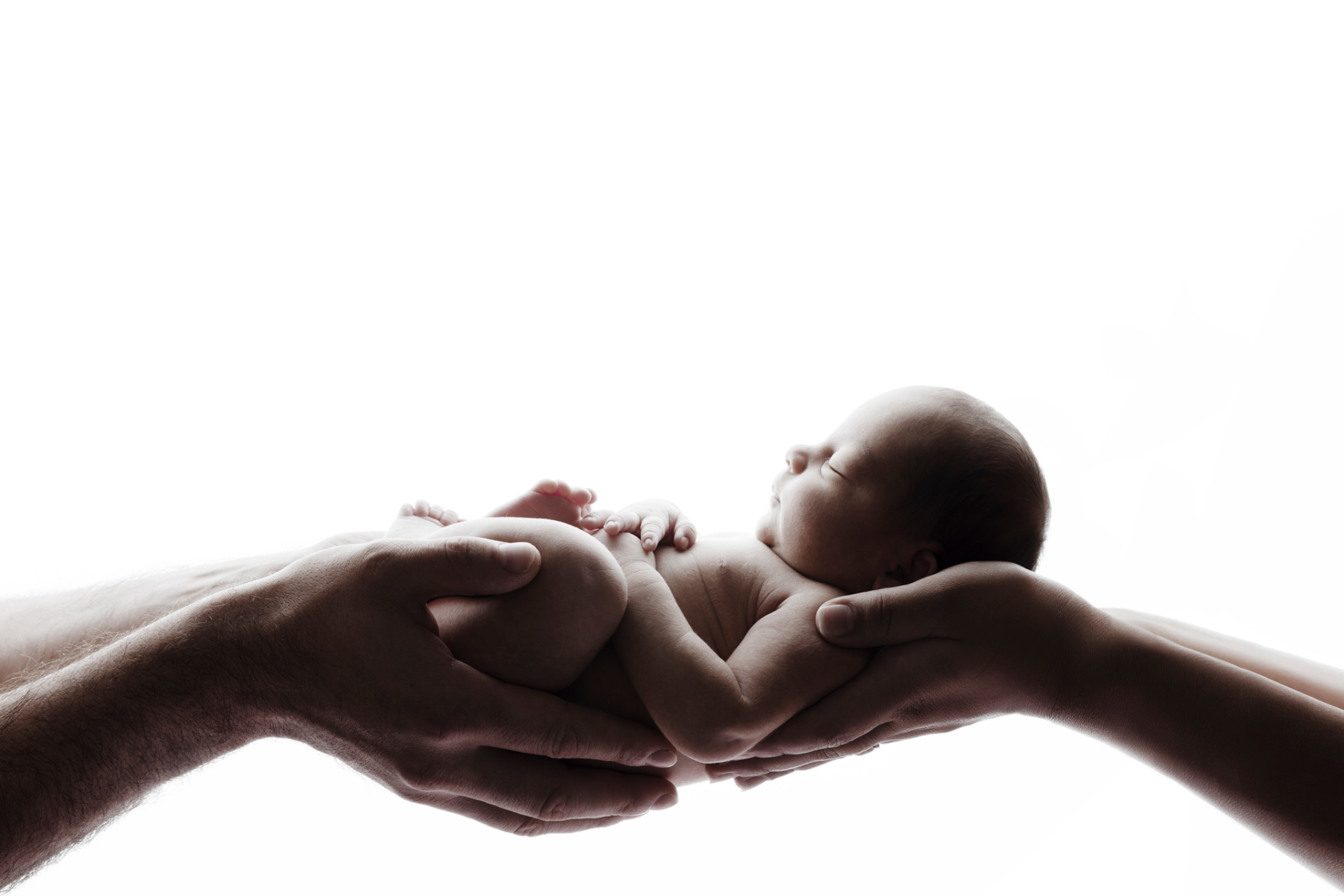 Fotografia simbolica di neonata sorretta da mani adulte, scattata nello studio di Claudia Spaziani a Bologna. Immagine che rappresenta protezione e inizio della vita.