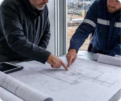 Two men in work jackets pointing at architectural blueprints on a table inside a building.