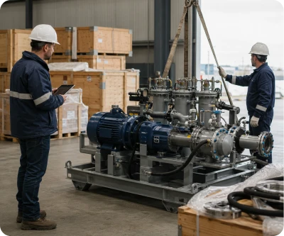 Two workers wearing helmets inspecting industrial machinery in a warehouse with wooden crates.