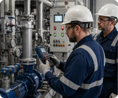 Two male industrial workers with helmets inspecting machinery and gauges in a factory.